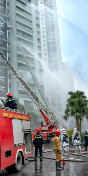 Firefighters work to extinguish a blaze in high-rise residential area with fire engines and hoses.